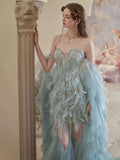 Vintage Mermaid Sweetheart Light Sky Blue Tulle Beaded Feathers Long Prom Dresses Formal Party Teens Evening Gowns HZ0311