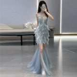 Vintage Mermaid Sweetheart Light Sky Blue Tulle Beaded Feathers Long Prom Dresses Formal Party Teens Evening Gowns HZ0311