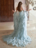 Vintage Mermaid Sweetheart Light Sky Blue Tulle Beaded Feathers Long Prom Dresses Formal Party Teens Evening Gowns HZ0311