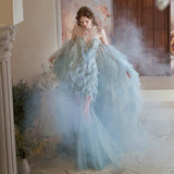 Vintage Mermaid Sweetheart Light Sky Blue Tulle Beaded Feathers Long Prom Dresses Formal Party Teens Evening Gowns HZ0311