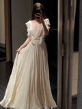 Gorgeous A Line V Neck Chiffon Ivory Long Prom Dresses Formal Party Teens Evening Gowns HZ0311