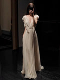 Gorgeous A Line V Neck Chiffon Ivory Long Prom Dresses Formal Party Teens Evening Gowns HZ0311