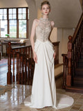 Sexy Mermaid High Neck Chiffon Silver Beads Gem Long Summer Bride Dress Long Bride Dress Classy Wedding Dresses HZ0311