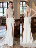 Sexy Mermaid High Neck Chiffon Silver Beads Gem Long Summer Bride Dress Long Bride Dress Classy Wedding Dresses HZ0311
