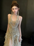 Vintage Mermaid Halter Champagne Tulle Silver Beaded Long Prom Dresses Formal Party Teens Evening Gowns HZ0311