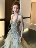Vintage Mermaid Halter Champagne Tulle Silver Beaded Long Prom Dresses Formal Party Teens Evening Gowns HZ0311