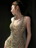 Vintage Mermaid Halter Champagne Tulle Silver Beaded Long Prom Dresses Formal Party Teens Evening Gowns HZ0311