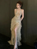 Vintage Mermaid Halter Champagne Tulle Silver Beaded Long Prom Dresses Formal Party Teens Evening Gowns HZ0311