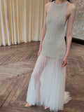 Sexy Mermaid Scoop Tulle With Pearls Gem Long Summer Bride Dress Long Bride Dress Classy Wedding Dresses HZ0311