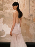 Sexy Mermaid Scoop Tulle With Pearls Gem Long Summer Bride Dress Long Bride Dress Classy Wedding Dresses HZ0311