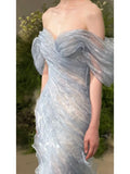 Gorgeous Mermaid Off The Shoulder Light Sky Blue Organza Long Prom Dresses Formal Party Teens Evening Gowns HZ0311