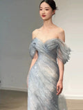 Gorgeous Mermaid Off The Shoulder Light Sky Blue Organza Long Prom Dresses Formal Party Teens Evening Gowns HZ0311