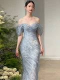 Gorgeous Mermaid Off The Shoulder Light Sky Blue Organza Long Prom Dresses Formal Party Teens Evening Gowns HZ0311
