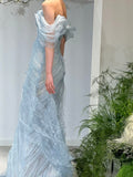 Gorgeous Mermaid Off The Shoulder Light Sky Blue Organza Long Prom Dresses Formal Party Teens Evening Gowns HZ0311
