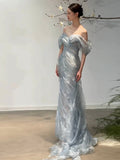 Gorgeous Mermaid Off The Shoulder Light Sky Blue Organza Long Prom Dresses Formal Party Teens Evening Gowns HZ0311