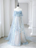 Gorgeous A Line Off The Shoulder Light Sky Blue Tulle Sequins Long Prom Dresses Formal Party Teens Evening Gowns HZ0311