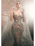 Gorgeous Mermaid Scoop Light Sky Blue Tulle With Lace Floral Beads Prom Dresses Formal Party Teens Evening Gowns HZ0311