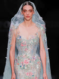 Gorgeous Mermaid Scoop Light Sky Blue Tulle With Lace Floral Beads Prom Dresses Formal Party Teens Evening Gowns HZ0311