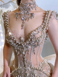 Sexy Mermaid V Neck Champagne Tulle With Beads Gem Long Summer Bride Dress Long Bride Dress Classy Wedding Dresses HZ0311