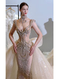 Sexy Mermaid V Neck Champagne Tulle With Beads Gem Long Summer Bride Dress Long Bride Dress Classy Wedding Dresses HZ0311