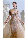 Sexy Mermaid V Neck Champagne Tulle With Beads Gem Long Summer Bride Dress Long Bride Dress Classy Wedding Dresses HZ0311