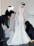 Sexy Mermaid Scoop Neck Tulle With Beads Gem Long Summer Bride Dress Long Bride Dress Classy White Wedding Dresses HZ0311