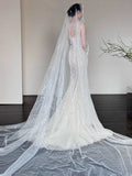 Sexy Mermaid Scoop Neck Tulle With Beads Gem Long Summer Bride Dress Long Bride Dress Classy White Wedding Dresses HZ0311