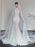 Sexy Mermaid Scoop Neck Tulle With Beads Gem Long Summer Bride Dress Long Bride Dress Classy White Wedding Dresses HZ0311