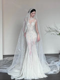 Sexy Mermaid Scoop Neck Tulle With Beads Gem Long Summer Bride Dress Long Bride Dress Classy White Wedding Dresses HZ0311