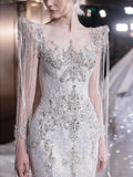 Sexy Mermaid Scoop Neck Tulle With Silver Beads Gem Long Summer Bride Dress Long Bride Dress Classy Wedding Dresses HZ0311