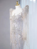 Sexy Mermaid Scoop Neck Tulle With Silver Beads Gem Long Summer Bride Dress Long Bride Dress Classy Wedding Dresses HZ0311