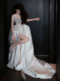 Sexy Mermaid Off The Shoulder White Satin Slit With Silver Beads Gem Long Bride Dress Long Bride Dress Classy Wedding Dresses HZ0311