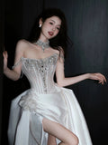 Sexy Mermaid Off The Shoulder White Satin Slit With Silver Beads Gem Long Bride Dress Long Bride Dress Classy Wedding Dresses HZ0311
