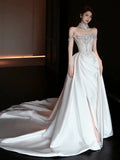 Sexy Mermaid Off The Shoulder White Satin Slit With Silver Beads Gem Long Bride Dress Long Bride Dress Classy Wedding Dresses HZ0311