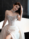 Sexy Mermaid Off The Shoulder White Satin Slit With Silver Beads Gem Long Bride Dress Long Bride Dress Classy Wedding Dresses HZ0311