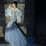 Gorgeous Mermaid Scoop Blue Tulle With Gem Beads Prom Dresses Formal Party Teens Evening Gowns HZ0311