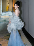 Gorgeous Mermaid Scoop Blue Tulle With Gem Beads Prom Dresses Formal Party Teens Evening Gowns HZ0311
