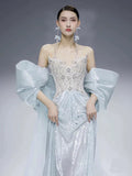 Gorgeous Mermaid Sweetheart Blue Sequins With Gem Beads Prom Dresses Formal Party Teens Evening Gowns HZ0311