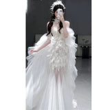 Vintage Mermaid Sweetheart White Tulle Beaded Feathers Long Prom Dresses Formal Party Teens Evening Gowns HZ0311