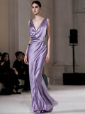 Gorgeous Sheath V Neck Light Grape Satin Pleated Long Prom Dresses Formal Evening Gowns HZ0311