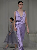 Gorgeous Sheath V Neck Light Grape Satin Pleated Long Prom Dresses Formal Evening Gowns HZ0311