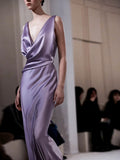 Gorgeous Sheath V Neck Light Grape Satin Pleated Long Prom Dresses Formal Evening Gowns HZ0311