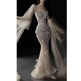 Sexy Mermaid Square Neck Champagne Tulle With Beads Gem Long Summer Bride Dress Long Bride Dress Classy Wedding Dresses HZ0311