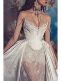 Sexy Sheath Sweetheart Lace White Satin With Pearls Beads Long Bride Dress Long Bride Dress Classy Wedding Dresses HZ0311
