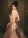 Modest Mermaid Strapless Pink Tulle Beaded Gem Long Prom Dresses Formal Party Teens Evening Gowns HZ0311
