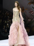 Modest Mermaid Strapless Pink Tulle Beaded Gem Long Prom Dresses Formal Party Teens Evening Gowns HZ0311