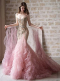 Modest Mermaid Strapless Pink Tulle Beaded Gem Long Prom Dresses Formal Party Teens Evening Gowns HZ0311