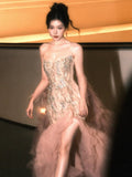 Modest Mermaid Strapless Pink Tulle Beaded Gem Long Prom Dresses Formal Party Teens Evening Gowns HZ0311