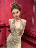 Vintage Mermaid Halter Champagne Tulle Silver Beaded Long Prom Dresses Formal Party Teens Evening Gowns HZ0311