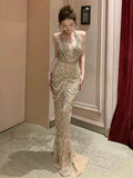 Vintage Mermaid Halter Champagne Tulle Silver Beaded Long Prom Dresses Formal Party Teens Evening Gowns HZ0311